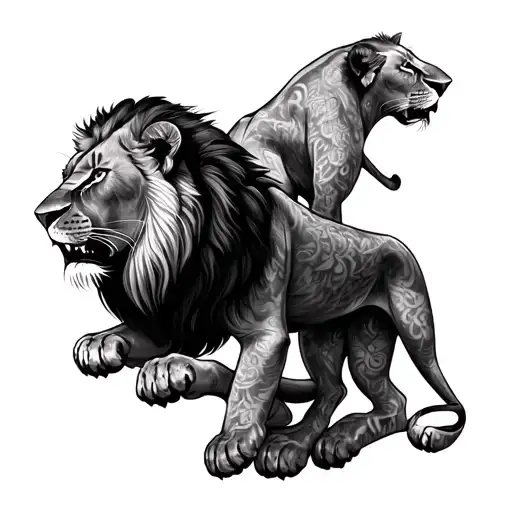 2 Agressive African Lions Climbing Traditional