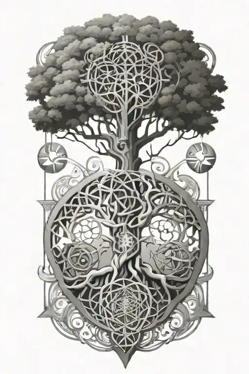 A Geometric Tree Of Life Intertwined With Mechanical Elements And Musical Symbols