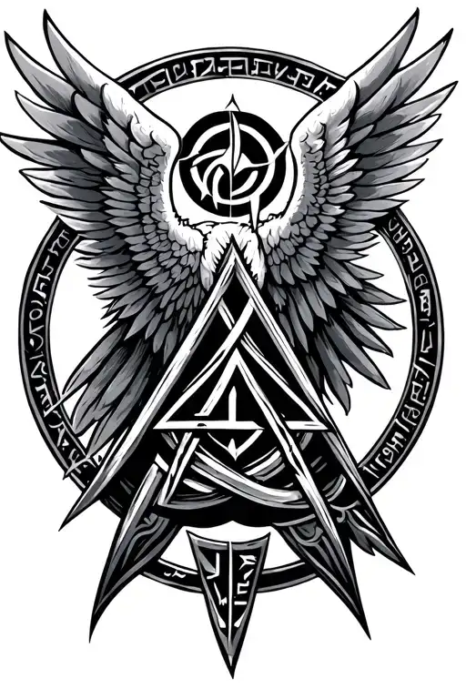 Norse Mythology Valkyrie Wings And Valknut Symbol Intertwined With A Runic Symbol At Background