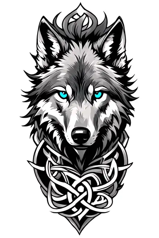 Wolf With Blue Eyes On Armor Tattoo Design Featuring Celtic Trinity Knot