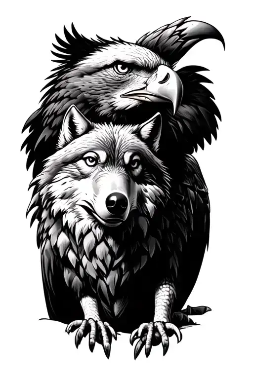 Eagle Sitting On Wolf's Shoulder