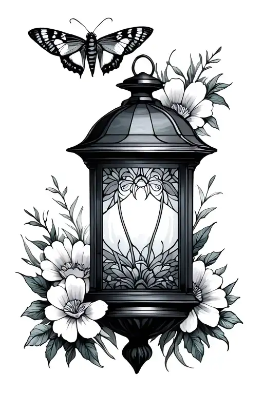 Stained Glass Lantern Surround By Flowers And A Moth