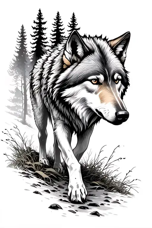 Wolf Walking Out Of Forest Scene