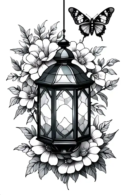 Stained Glass Lantern Surround By Flowers And A Moth