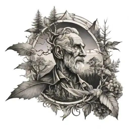 A Portrait Of Your Father Surrounded By Elements Of Nature Like Trees And Mountains