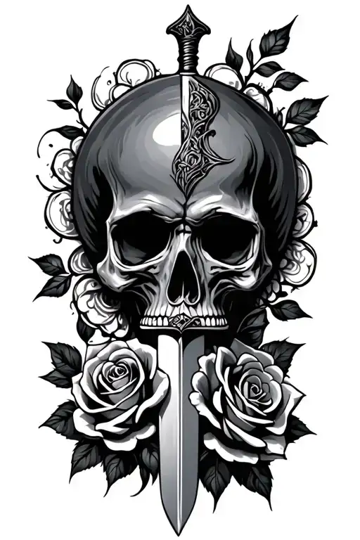 Skull With Sword Going Through It With Roses