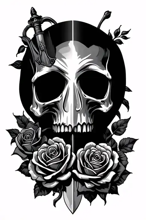 Skull With Sword Going Through It With Roses