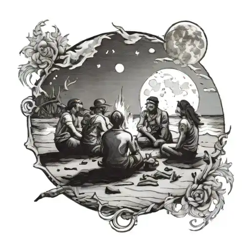 A Group Of Friends Sitting Around A Bonfire On The Beach Under A Full Moon