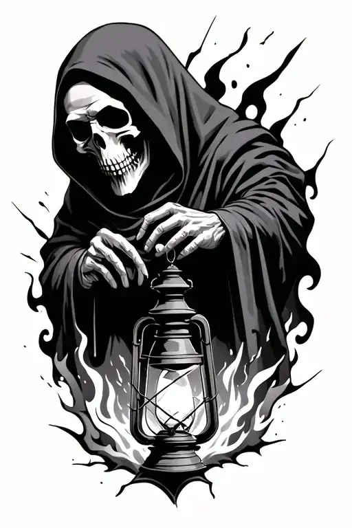 Realism Tattoo Reaper Holding Lantern With Flames Coming Out Of The Broken Glass