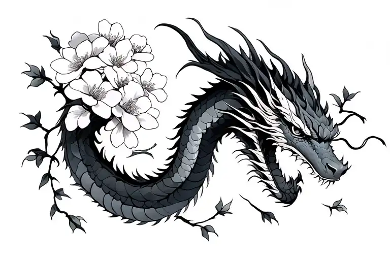 Dragon And Sakura Flowers