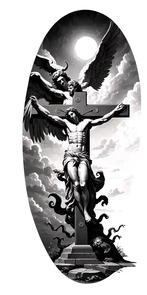 Crucifix On The Ground With And Archangel Michael Slaying The Devil In The Sky