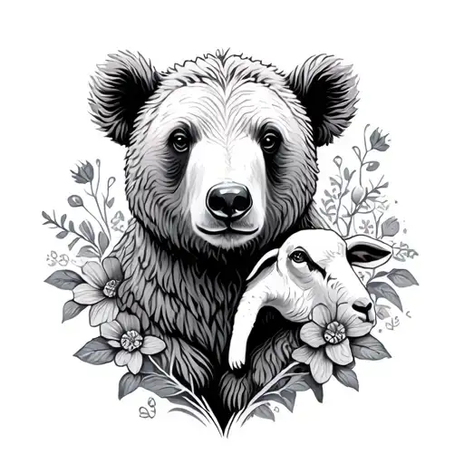 Bear With A Sheep And Flowers