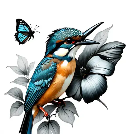 Kingfisher Perched On Morning Glory Vine And A Glasswing Butterfly