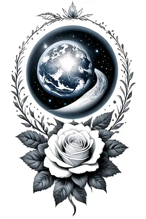 Black And White Universe In A Sphere Surrounded By Roses With Psychedelic Designs
