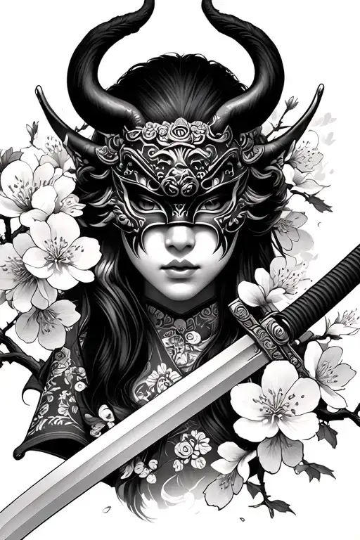 Female Face With Oni Mask And Katana Surrounded By Japanese Cherry Blossoms