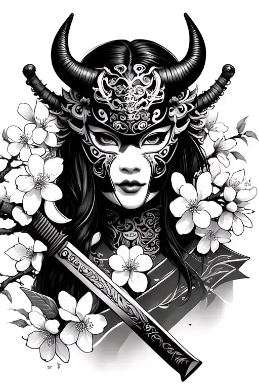 Female Face With Oni Mask And Katana Surrounded By Japanese Cherry Blossoms