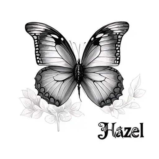 A Black And Grey Portrait Of A Butterfly With The Name Hazel Subtly Hidden Within The Wings