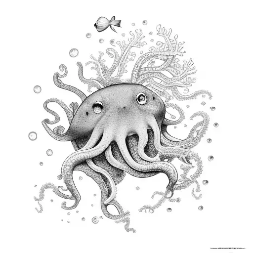 A Ray Plus A Jellyfish Plus And Octopus Swiming Near A Coral Reef