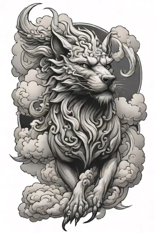 Black And Grey Tattoo Of A Majestic Foodog Emergining From Clouds