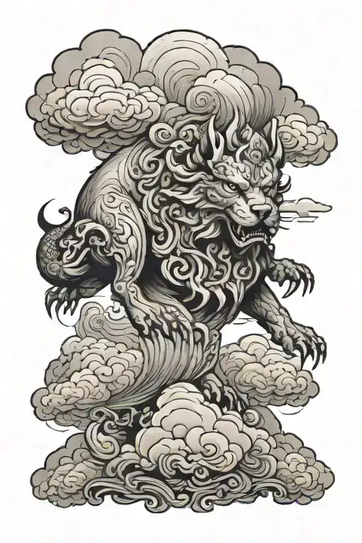 Black And Grey Tattoo Of A Intricate Foodog Emergining From Clouds