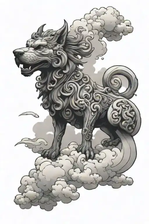 Black And Grey Tattoo Of A Intricate Foodog Emerging From Clouds