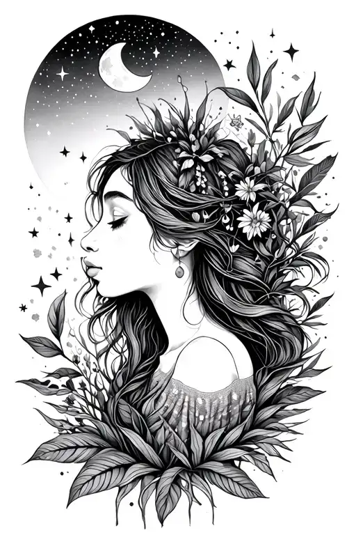 Day Dreaming Girl Fine Line Head Turns Into Plants Background Stars And Crescent Moon