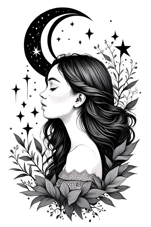 Day Dreaming Girl Fine Line Head Turns Into Plants Background Stars And Crescent Moon