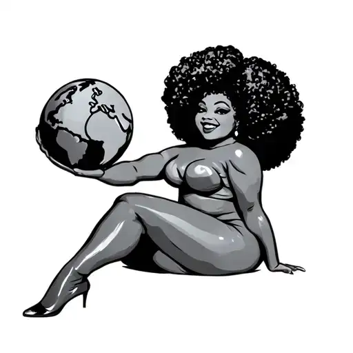 Chubby Black Pin Up Girl With Afro Holding The World