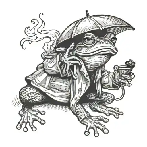 Frog Wearing Rain Coat Smoking Cigarette While Holding Mushroom As Umbrella