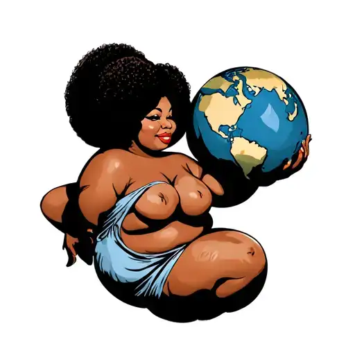 Chubby Black Pin Up Girl With Afro Holding The World Standing Up Wearing Cloth