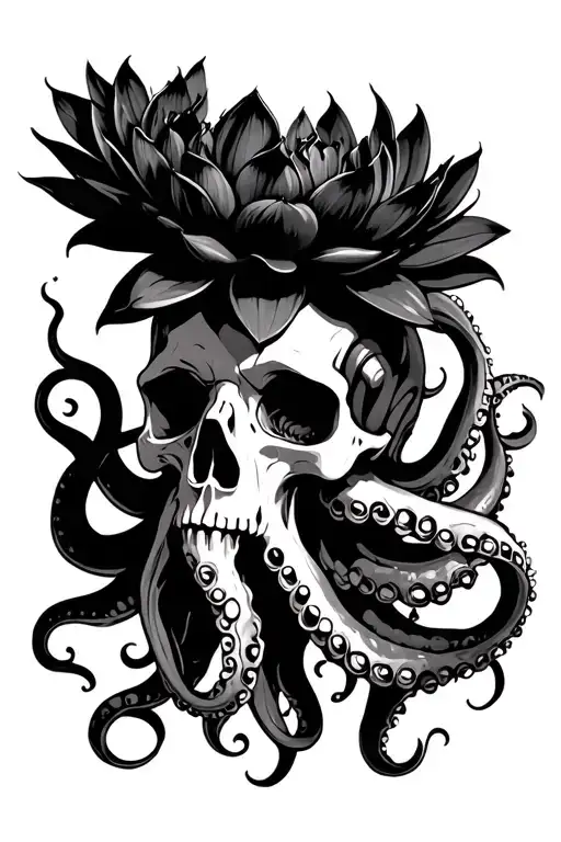 Black Lotus On Top Of A Octopus Skull With Tentacles