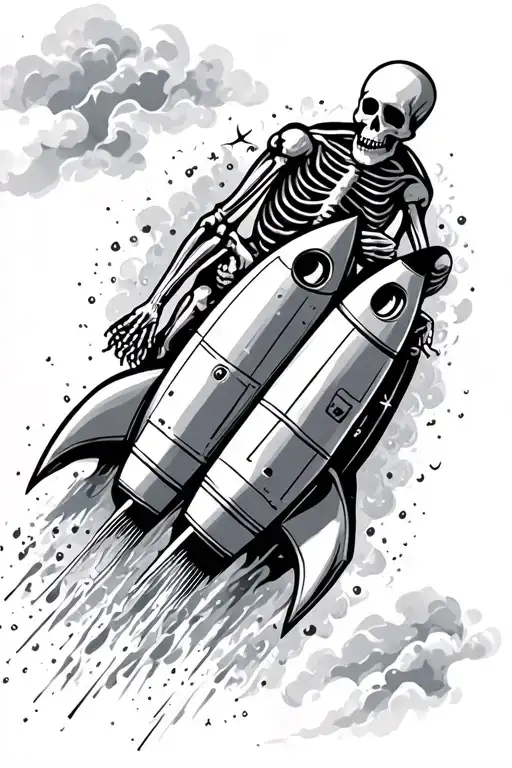 Skeleton Holding Onto Rocket Ship Sailing Through Stormy