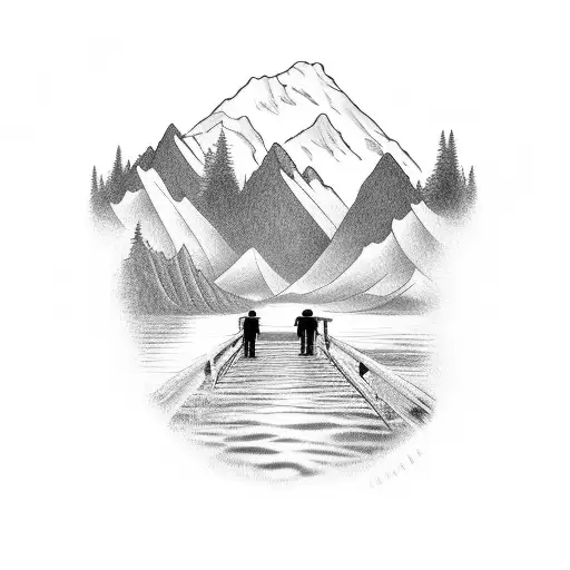 Granpa And Grandson Walking On Bridge Ove Lake Looking Into Mountain Range