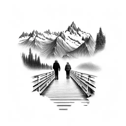 Granpa And Grandson Walking On Bridge Ove Lake Looking Into Mountain Range