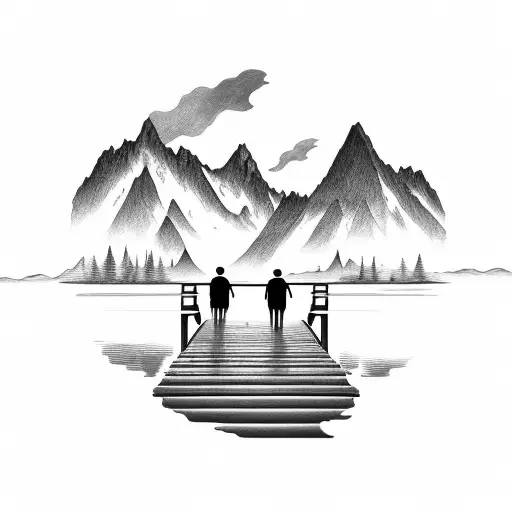 Granpa And Grandson Walking On Bridge Ove Lake Looking Into Mountain Range