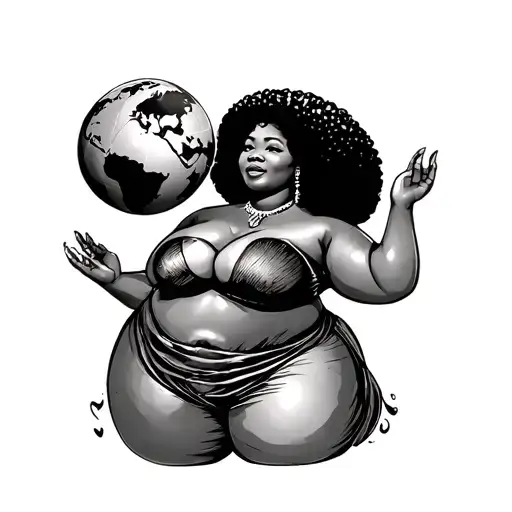 Chubby African Pin Up Girl With Afro Holding The World Standing Up