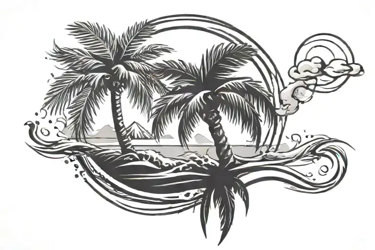 A Beach Scene With A Palm Tree Growing Out Of A Moving On Symbol