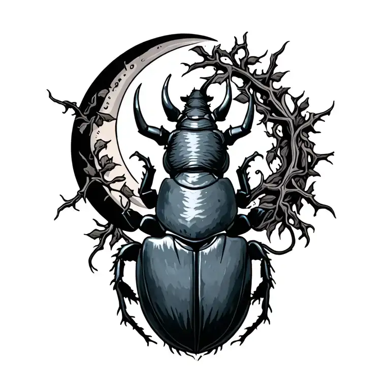 Rhinoceros Beetle With Vines And Thorns And A Crescent Moon