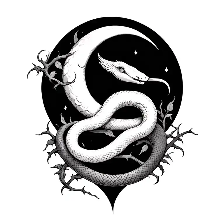 White Snake With Vines And Thorns And A Crescent Moon