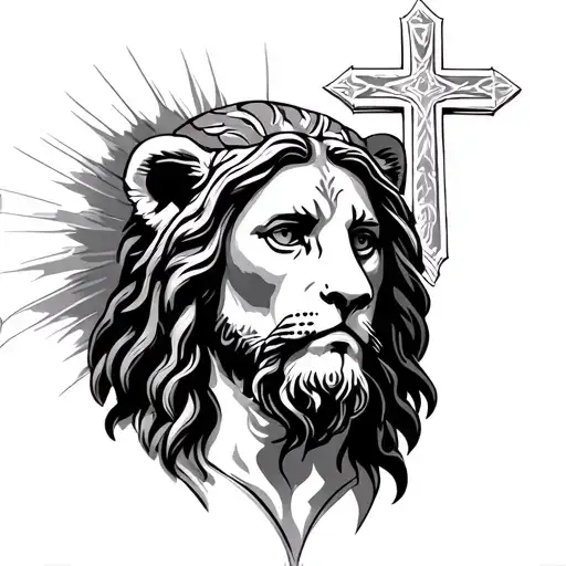 Jesus Christ And A Lion Head And Crosses