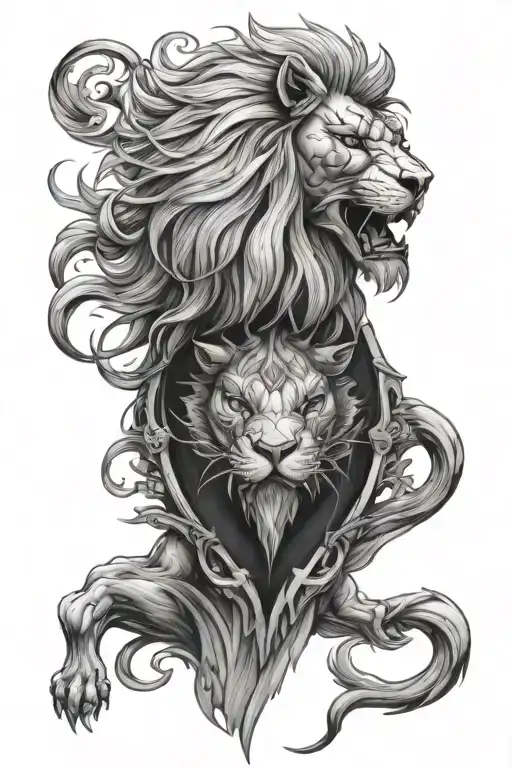 Knight And Lion Face Tattoo Design Combining