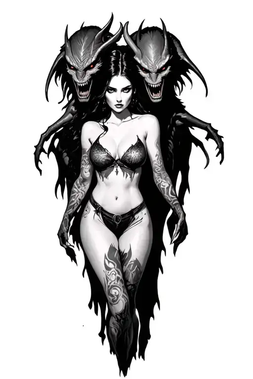 Sexy Woman Ruling Demons With 2 Demon Gards