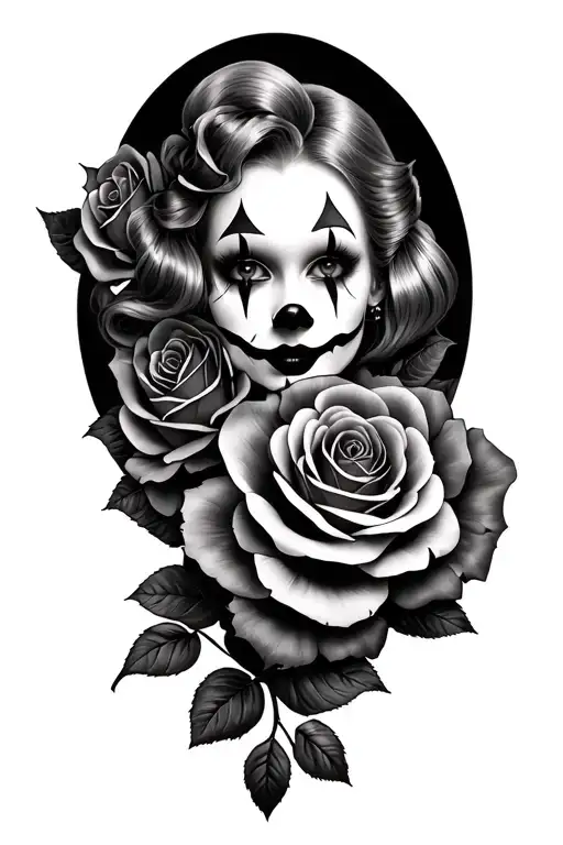 Pretty Clown Girl And Roses Intertwined