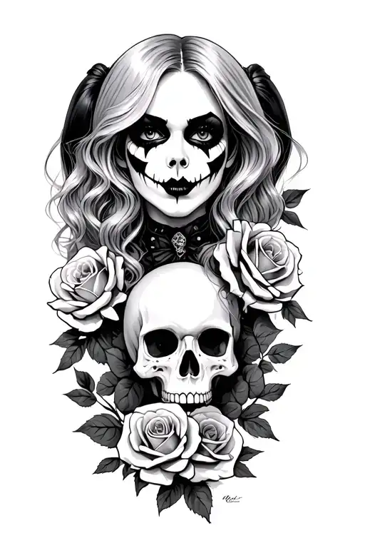 Harly Quinn With Roses And Skulls