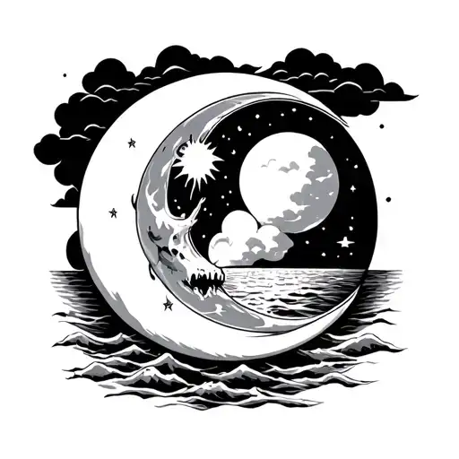 Grateful Dead Themed Moon With Clouds And Ocean