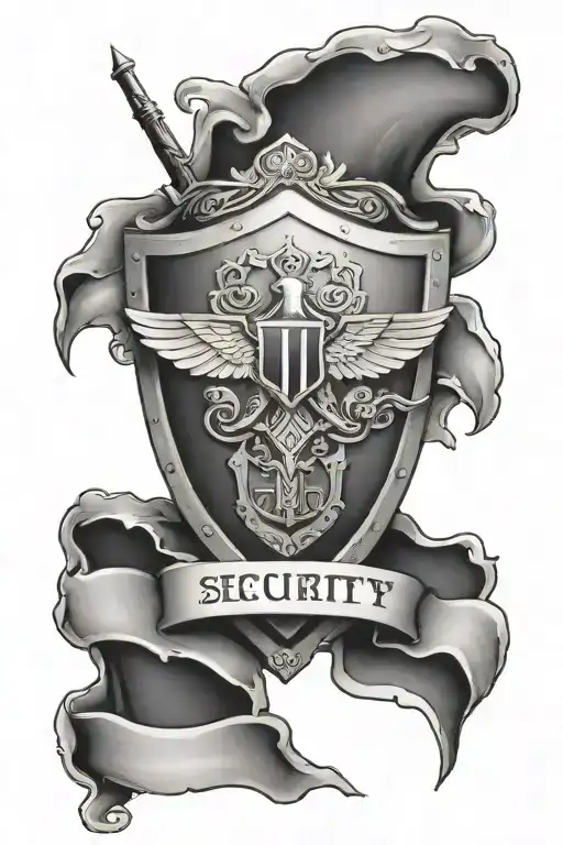 A Black-grey Tattoo Of A Security Shield With Biblical Scriptures Incorporated Into The Design