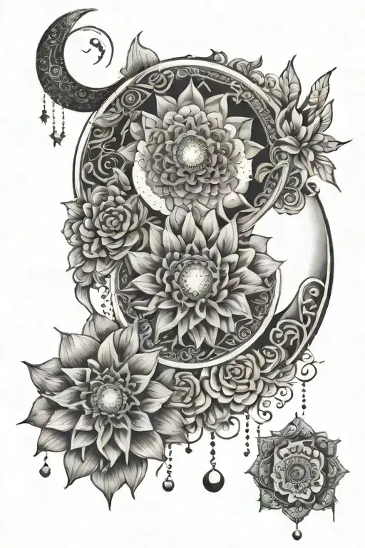 Moon With Dahlia And Mandala Incorporating Dangles