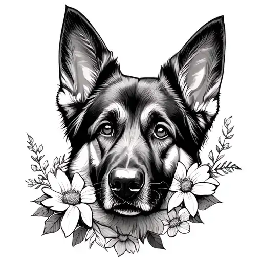 Fine Line German Shepherd Dog With Flowers