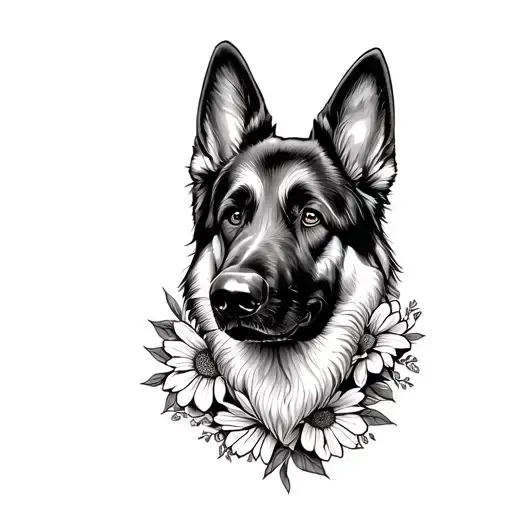 Fine Line German Shepherd Dog With Flowers
