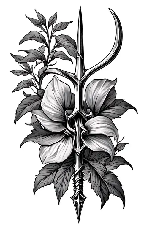 Broken Trident Surrounded By Caesalpinia Pulcherrima Flower Intertwined